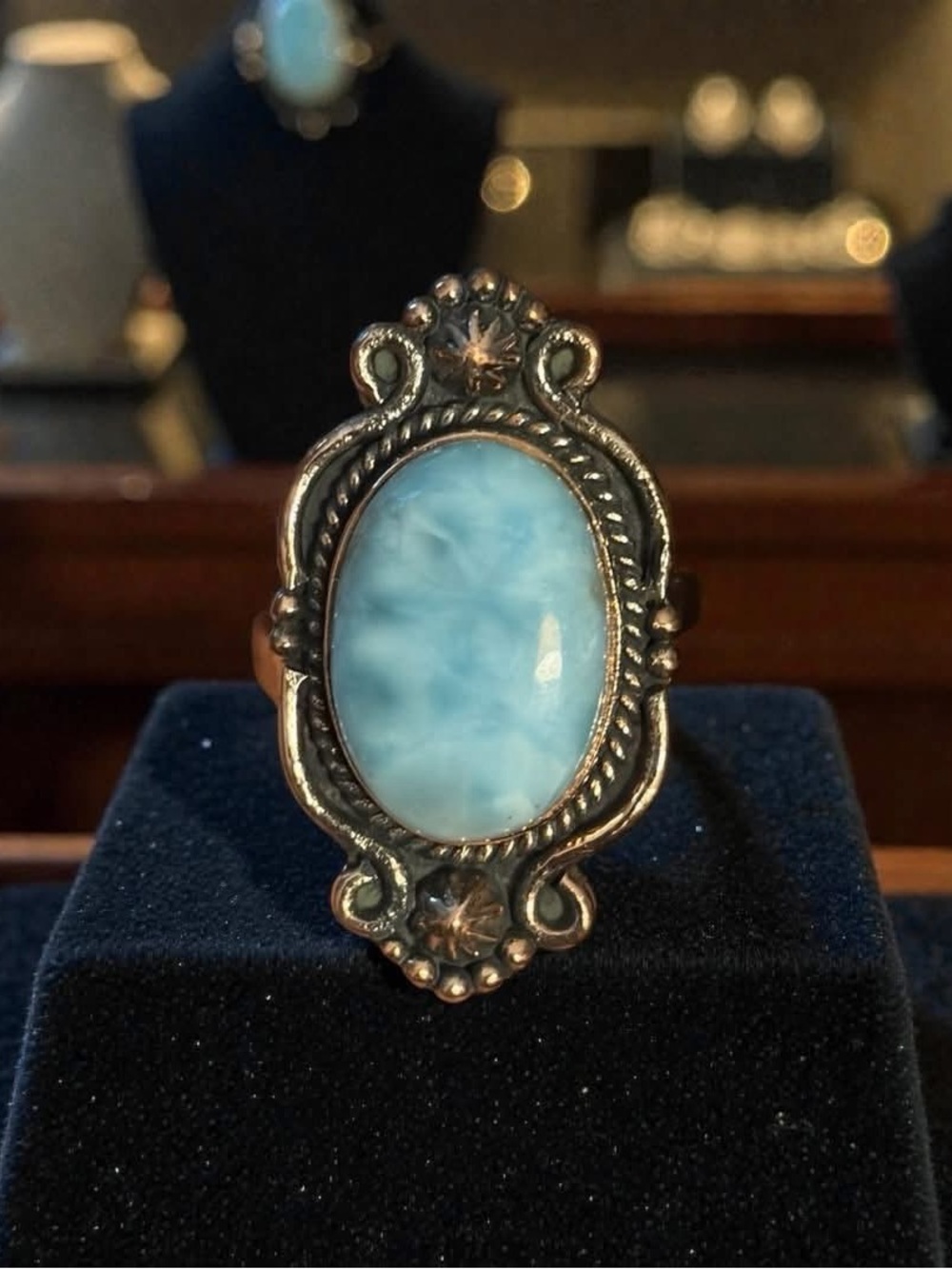 Beautiful solid copper adjustable ring with Genuine Larimar